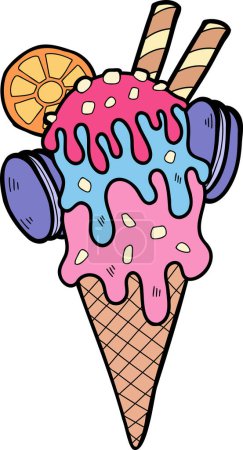 Téléchargez les illustrations : Cône de crème glacée dessiné à la main avec illustration au citron isolé sur fond - en licence libre de droit