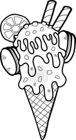 Téléchargez les illustrations : Cône de crème glacée dessiné à la main avec illustration au citron isolé sur fond - en licence libre de droit