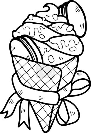 Téléchargez les illustrations : Illustration de cône de crème glacée aux fraises dessinée à la main isolée sur fond - en licence libre de droit