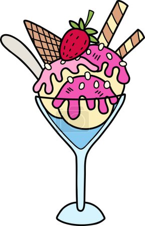 Téléchargez les illustrations : Crème glacée aux fraises dessinée à la main avec illustration en tasse isolée sur fond - en licence libre de droit