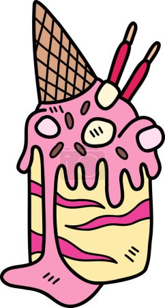 Téléchargez les illustrations : Crème glacée aux fraises dessinée à la main fondue avec illustration au cône isolée sur fond - en licence libre de droit