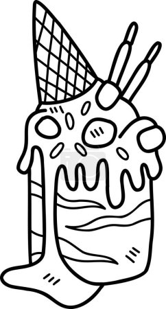 Téléchargez les illustrations : Crème glacée aux fraises dessinée à la main fondue avec illustration au cône isolée sur fond - en licence libre de droit