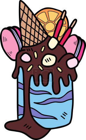Téléchargez les illustrations : Crème glacée au chocolat dessinée à la main fondue avec illustration au cône isolée sur fond - en licence libre de droit