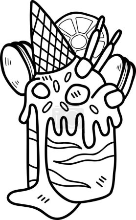 Téléchargez les illustrations : Crème glacée au chocolat dessinée à la main fondue avec illustration au cône isolée sur fond - en licence libre de droit