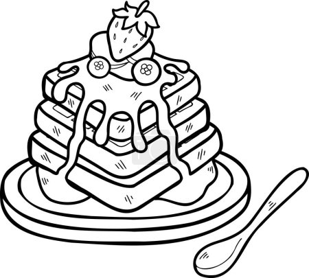 Ilustración de Gofres de miel dibujados a mano con ilustración de fresas aisladas sobre fondo - Imagen libre de derechos