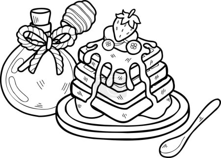 Téléchargez les illustrations : Gaufres au miel dessinées à la main avec illustration aux fraises isolées sur fond - en licence libre de droit