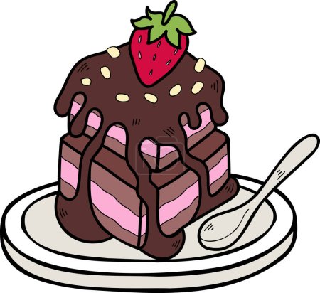 Ilustración de Pastel de Chocolate Dibujado a Mano con Fresas ilustración aislada sobre fondo - Imagen libre de derechos
