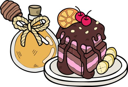 Téléchargez les illustrations : Gâteau au chocolat dessiné à la main avec illustration au miel isolé sur fond - en licence libre de droit