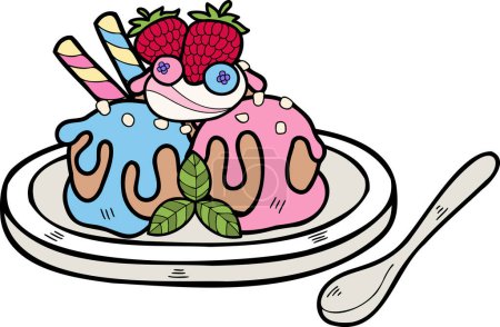 Téléchargez les illustrations : Crème glacée aux fraises dessinée à la main sur une plaque d'illustration isolée sur fond - en licence libre de droit