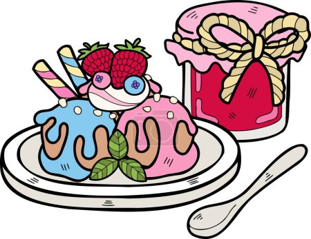 Téléchargez les illustrations : Crème glacée aux fraises dessinée à la main sur une plaque d'illustration isolée sur fond - en licence libre de droit