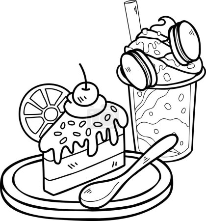 Téléchargez les illustrations : Illustration de gâteau et boisson dessinée à la main isolée sur fond - en licence libre de droit