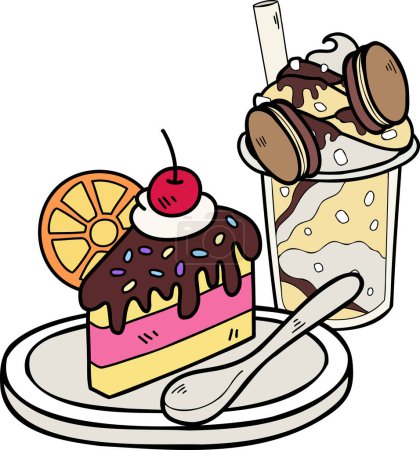 Téléchargez les illustrations : Illustration de gâteau et boisson dessinée à la main isolée sur fond - en licence libre de droit