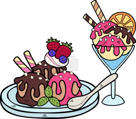 Téléchargez les illustrations : Illustration au chocolat et crème glacée à la chaux dessinée à la main isolée sur fond - en licence libre de droit