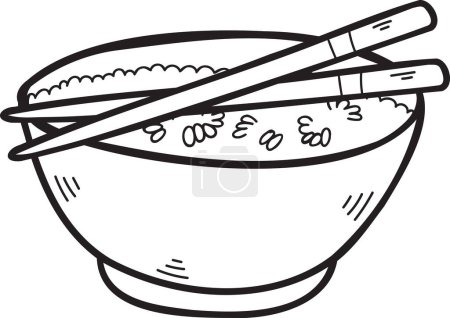 Téléchargez les illustrations : Bol de riz dessiné à la main et baguettes Illustration alimentaire chinoise et japonaise isolée sur fond - en licence libre de droit