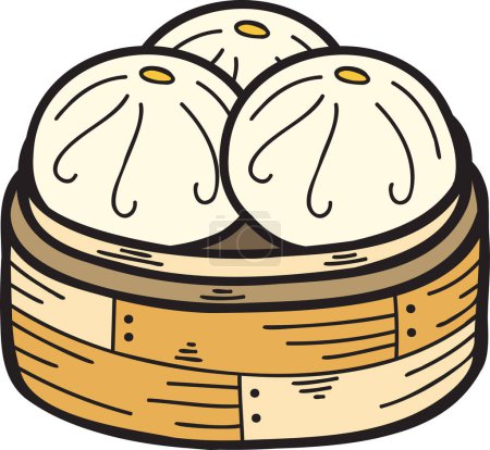 Téléchargez les illustrations : Pain à la vapeur dessiné à la main avec plateau en bambou Illustration alimentaire chinoise et japonaise isolée sur fond - en licence libre de droit