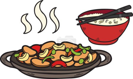Téléchargez les illustrations : Riz dessiné à la main avec légumes frits Illustration alimentaire chinoise et japonaise isolée sur fond - en licence libre de droit