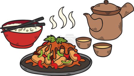 Téléchargez les illustrations : Set repas dessiné à la main avec thé Illustration alimentaire chinoise et japonaise isolée sur fond - en licence libre de droit