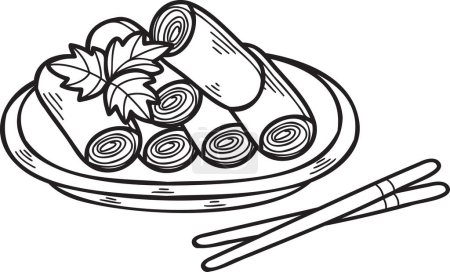 Téléchargez les illustrations : Rouleau de printemps dessiné à la main Illustration alimentaire chinoise et japonaise isolée sur fond - en licence libre de droit