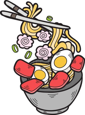 Téléchargez les illustrations : Nouilles dessinées à la main ou ramen Illustration alimentaire chinoise et japonaise isolée sur fond - en licence libre de droit