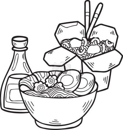 Téléchargez les illustrations : Nouilles dessinées à la main et nouilles instantanées Illustration alimentaire chinoise et japonaise isolée sur fond - en licence libre de droit