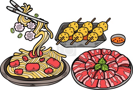 Téléchargez les illustrations : Nouilles et boulettes de viande dessinées à la main Illustration alimentaire chinoise et japonaise isolée sur fond - en licence libre de droit
