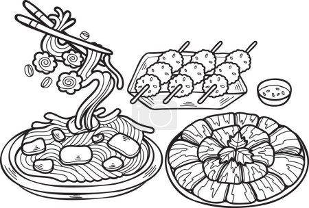 Téléchargez les illustrations : Nouilles et boulettes de viande dessinées à la main Illustration alimentaire chinoise et japonaise isolée sur fond - en licence libre de droit