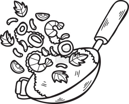 Ilustración de Wok dibujado a mano y arroz frito ilustración de alimentos chinos y japoneses aislados en el fondo - Imagen libre de derechos