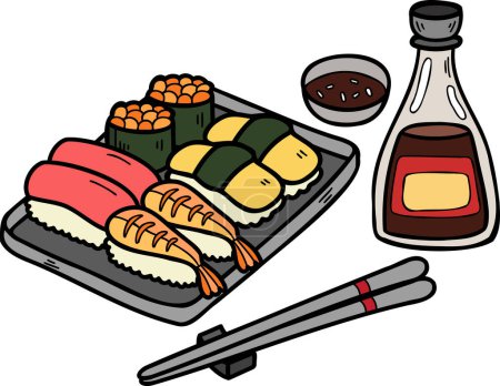 Illustration for Hand Drawn sushi and chopsticks Chinese and Japanese food illustration isolated on background - Royalty Free Image