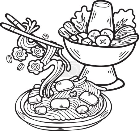 Ilustración de Olla y fideos calientes dibujados a mano Ilustración de alimentos chinos y japoneses aislados en el fondo - Imagen libre de derechos