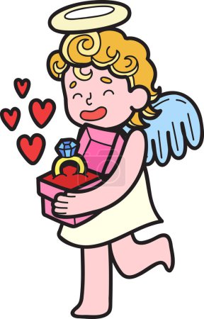 Téléchargez les illustrations : Cupidon dessiné à la main et illustration de bague de fiançailles isolé sur fond - en licence libre de droit