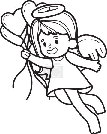 Téléchargez les illustrations : Cupidon dessiné à la main avec des ballons coeur illustration isolé sur fond - en licence libre de droit