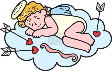 Téléchargez les illustrations : Cupidon dessiné à la main avec des nuages illustration isolé sur fond - en licence libre de droit