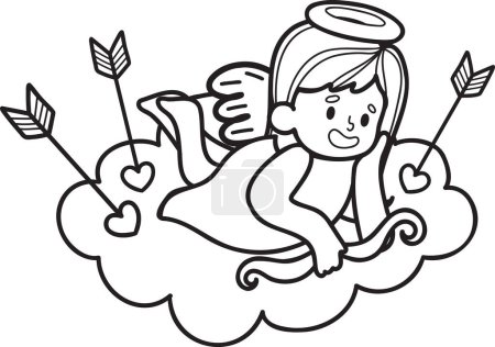 Téléchargez les illustrations : Cupidon dessiné à la main avec des nuages illustration isolé sur fond - en licence libre de droit