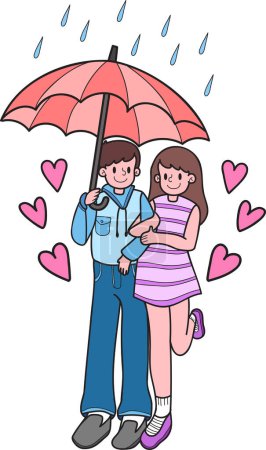 Ilustración de Pareja dibujada a mano hombre y mujer tomados de la mano en la lluvia ilustración aislada en el fondo - Imagen libre de derechos