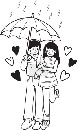 Téléchargez les illustrations : Main dessinée Couple homme et femme tenant la main sous la pluie illustration isolé sur fond - en licence libre de droit