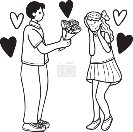Illustration for Hand Drawn man giving flowers to woman illustration isolated on background - Royalty Free Image