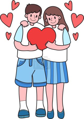 Ilustración de Dibujado a mano pareja de hombres y mujeres con globos del corazón están abrazando ilustración aislada en el fondo - Imagen libre de derechos