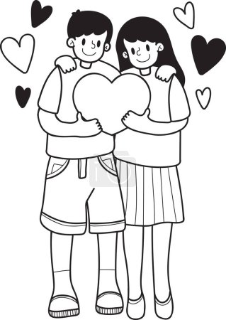 Téléchargez les illustrations : Main dessiné couple les hommes et les femmes avec coeur ballons sont étreindre illustration isolé sur fond - en licence libre de droit