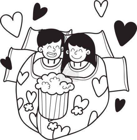 Ilustración de Dibujado a mano hombre y mujer viendo una película en una manta ilustración aislada en el fondo - Imagen libre de derechos
