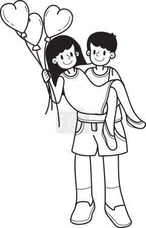Ilustración de Dibujado a mano hombre y mujer sosteniendo globos en forma de corazón ilustración aislada en el fondo - Imagen libre de derechos