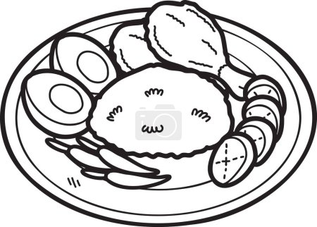 Téléchargez les illustrations : Riz au poulet frit dessiné à la main ou illustration de nourriture thaïlandaise isolé sur fond - en licence libre de droit