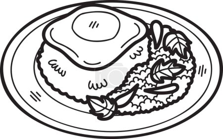 Téléchargez les illustrations : Riz frit au basilic dessiné à la main avec oeuf frit ou illustration de nourriture thaïlandaise isolé sur fond - en licence libre de droit