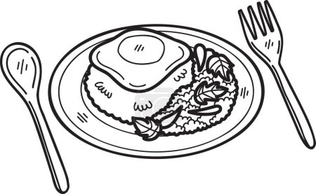 Ilustración de Arroz frito de albahaca dibujado a mano con huevo frito o comida tailandesa ilustración aislada sobre fondo - Imagen libre de derechos