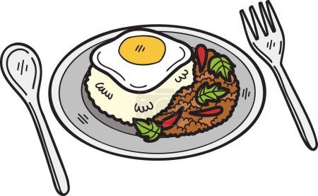 Téléchargez les illustrations : Riz frit au basilic dessiné à la main avec oeuf frit ou illustration de nourriture thaïlandaise isolé sur fond - en licence libre de droit