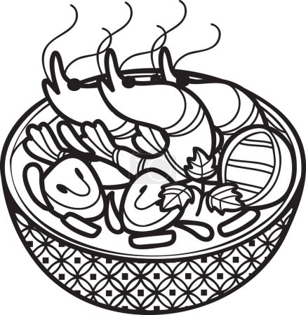 Téléchargez les illustrations : Soupe de crevettes épicée dessinée à la main ou illustration de nourriture thaïlandaise isolée sur fond - en licence libre de droit