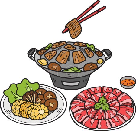 Handgezeichnetes Moo Kra Ta Gegrilltes Schweinefleisch oder thailändisches Essen Illustration isoliert auf Hintergrund