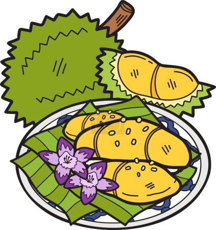 Téléchargez les illustrations : Dessiné à la main Durian Riz collant ou illustration de nourriture thaïlandaise isolé sur fond - en licence libre de droit