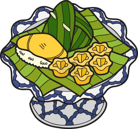 Téléchargez les illustrations : Desserts thaïlandais dessinés à la main et illustration des tasses Benjarong isolés sur fond - en licence libre de droit