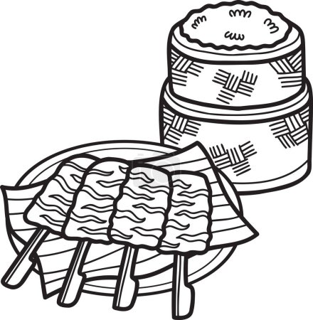 Téléchargez les illustrations : Porc rôti dessiné à la main avec illustration de nourriture thaïlandaise isolé sur fond - en licence libre de droit