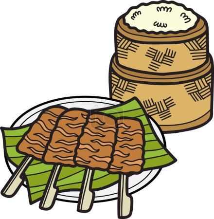 Téléchargez les illustrations : Porc rôti dessiné à la main avec illustration de nourriture thaïlandaise isolé sur fond - en licence libre de droit